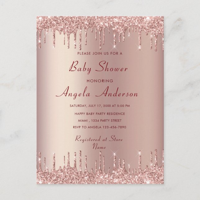 Tarjeta de invitación a Rosa Gold Rubor Baby Showe (Anverso)