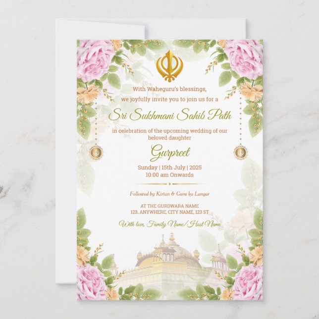 Tarjeta de invitación a senderos Sukhmani con flor (Anverso)