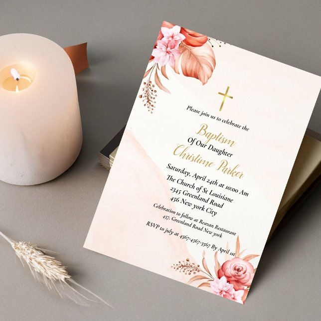 Tarjeta de invitación al bautismo con flores de co (Subido por el creador)
