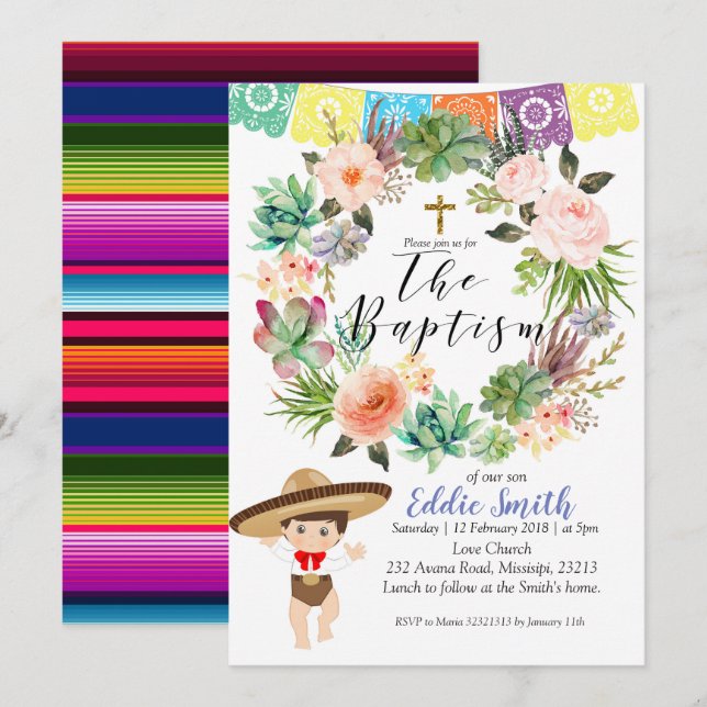 Tarjeta de invitación al bautismo mexicano (Anverso / Reverso)