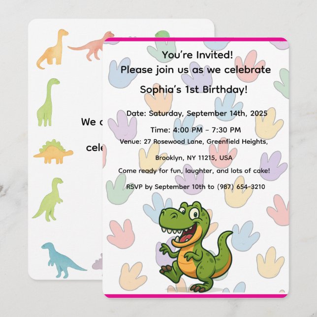 Tarjeta de invitación al cumpleaños de Dinosaur (Anverso / Reverso)