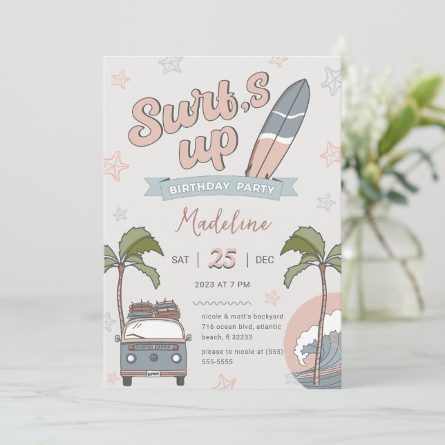 Tarjeta de invitación al cumpleaños de Surf's Up O (Anverso de pie)