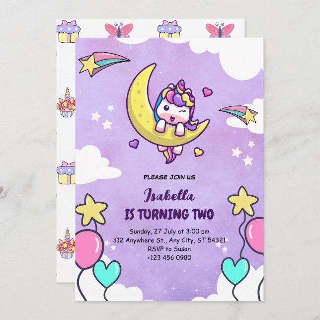 Tarjeta de invitación al cumpleaños Unicorn Purple (Anverso / Reverso)