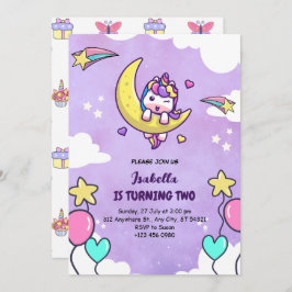 Tarjeta de invitación al cumpleaños Unicorn Purple