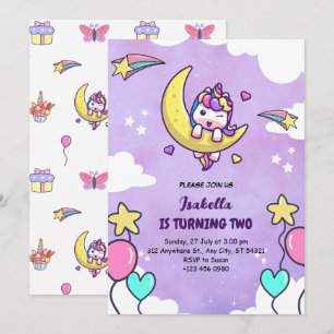 Tarjeta de invitación al cumpleaños Unicorn Purple