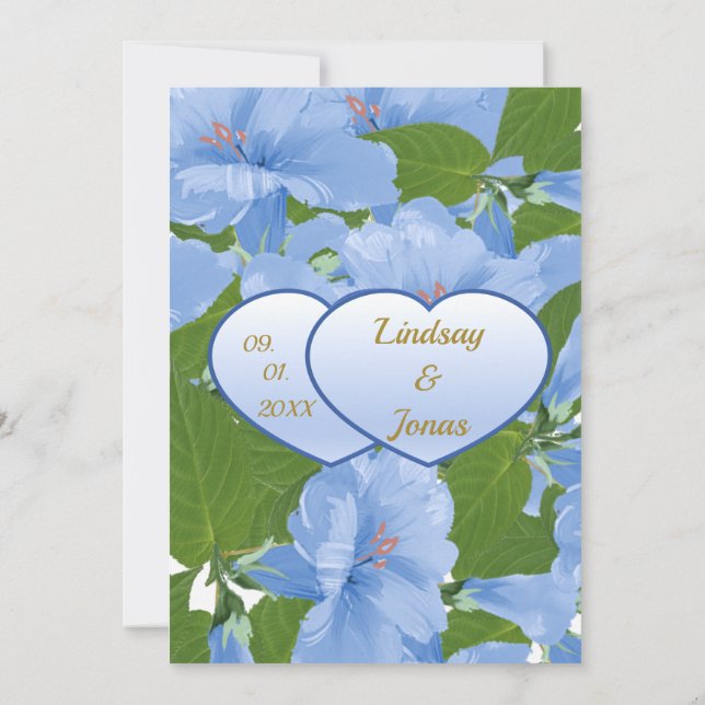 Tarjeta de invitación al jardín de flores azules (Reverso)