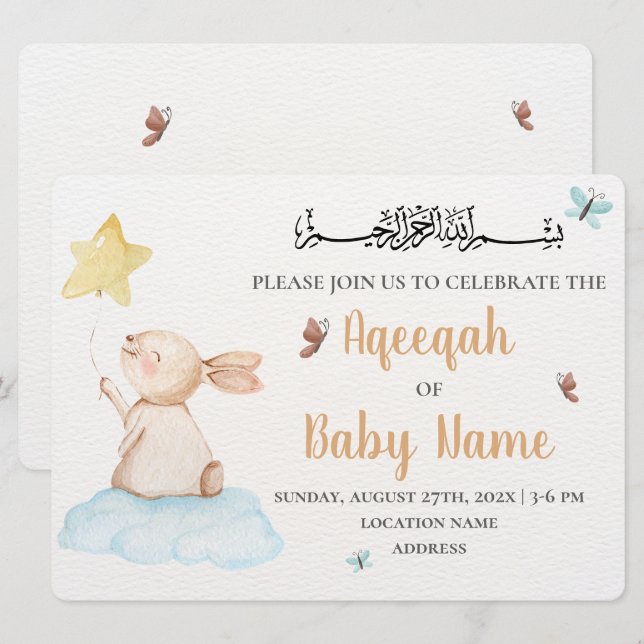 Tarjeta de Invitación Aqeeqah Neutral y Adorable E (Anverso / Reverso)