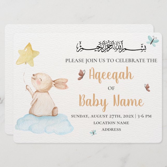Tarjeta de Invitación Aqeeqah Neutral y Bonita Edi (Anverso / Reverso)