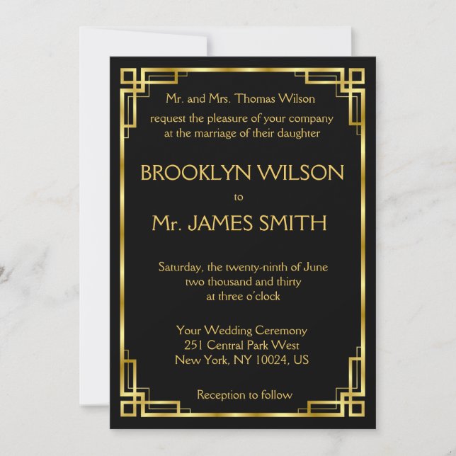 Tarjeta de invitación Art Deco Black And Gold Wedd (Anverso)