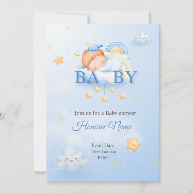 Tarjeta de invitación azul para baby shower (Anverso)