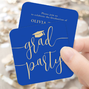 Tarjeta de invitación azul y dorada para fiesta de