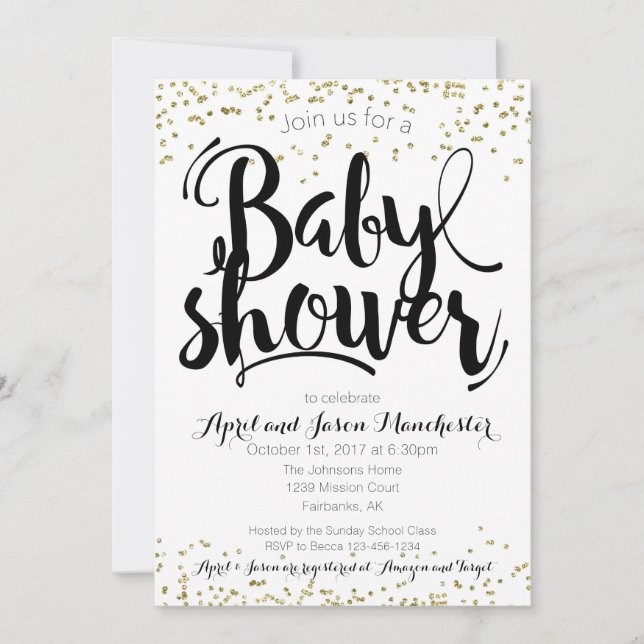 Tarjeta de invitación Baby Shower, blanco y oro ne (Anverso)