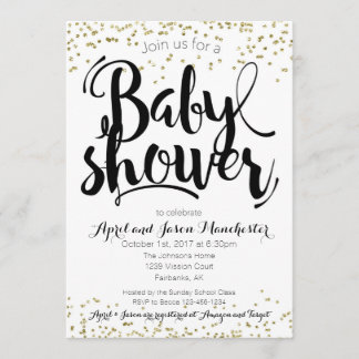 Tarjeta de invitación Baby Shower, blanco y oro ne