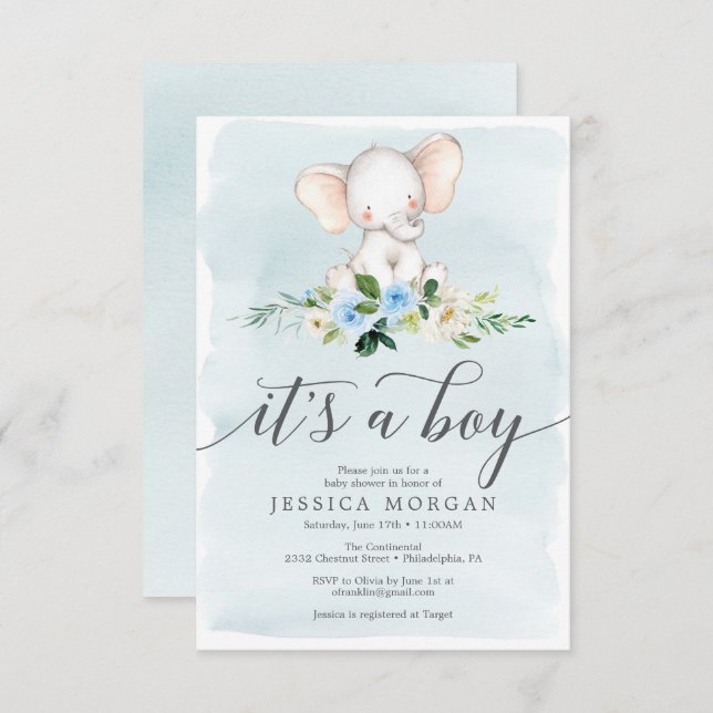 Tarjeta de invitación Baby Shower Blue Elephant Bo (Anverso / Reverso)
