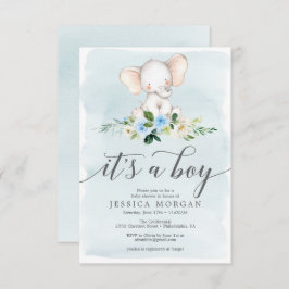 Tarjeta de invitación Baby Shower Blue Elephant Bo