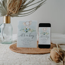 Tarjeta de invitación Baby Shower Blue Elephant Bo