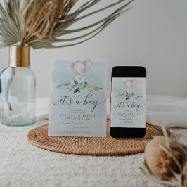 Tarjeta de invitación Baby Shower Blue Elephant Bo