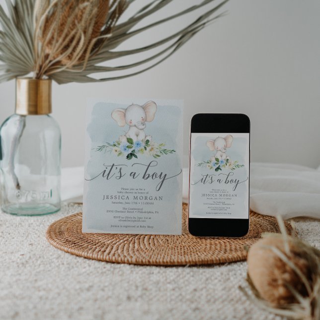 Tarjeta de invitación Baby Shower Blue Elephant Bo (Subido por el creador)