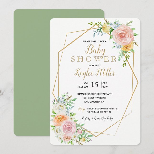 Tarjeta de invitación Baby Shower con motivos flor (Anverso / Reverso)
