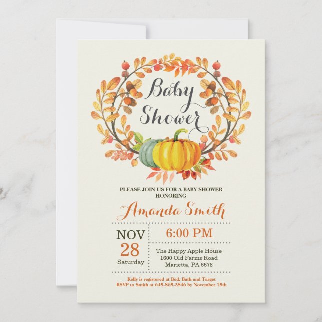 Tarjeta de invitación Baby Shower de calabaza de o (Anverso)