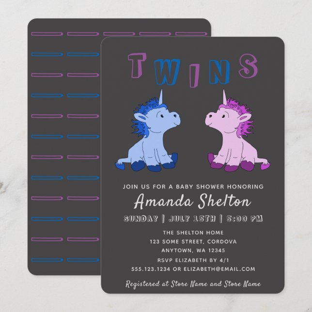 Tarjeta de invitación Baby Shower de Gemelos Unico (Anverso / Reverso)