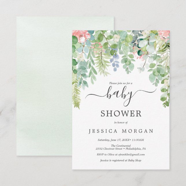 Tarjeta de invitación Baby Shower de verde suave (Anverso / Reverso)