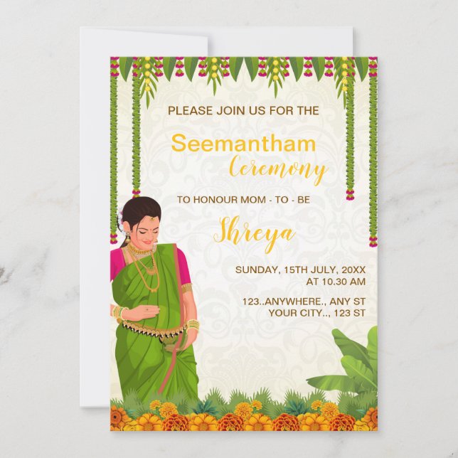 Tarjeta de invitación Baby Shower india, Seemantha (Anverso)