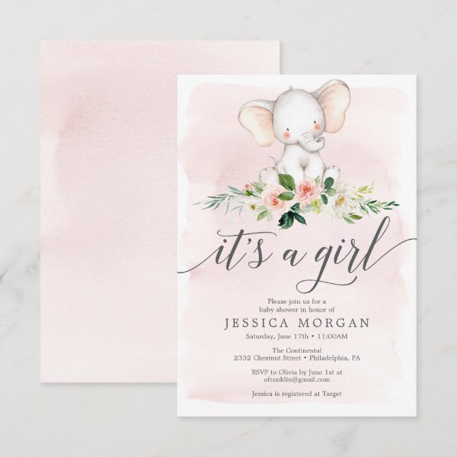 Tarjeta de invitación Baby Shower para elefante ro (Anverso / Reverso)