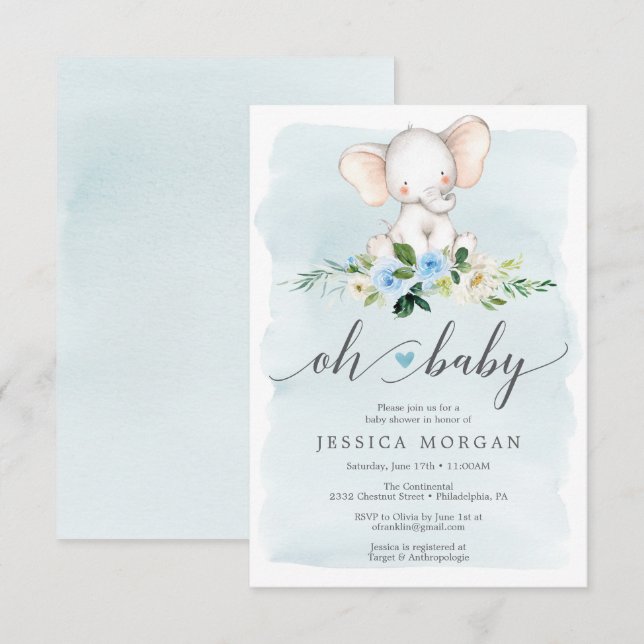 Tarjeta de invitación Baby Shower para elefantes a (Anverso / Reverso)