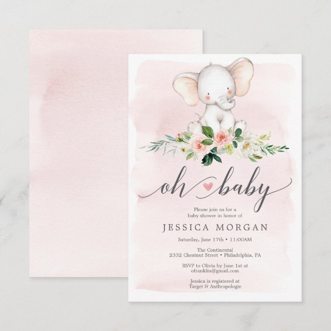 Tarjeta de invitación Baby Shower para elefantes r (Anverso / Reverso)