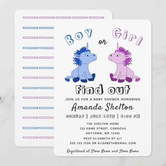 Tarjeta de invitación Baby Shower para revelar gén (Anverso / Reverso)