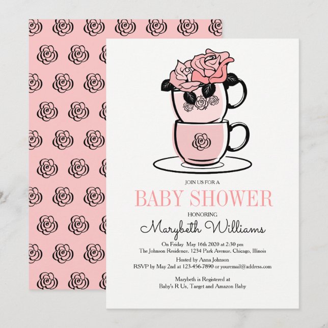 Tarjeta de invitación Baby Shower Tea Teacup & Flo (Anverso / Reverso)