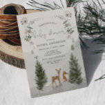 Tarjeta de invitación Baby Shower Winter Boho Wood<br><div class="desc">¡Esta hermosa invitación a la ducha de bebé es perfecta para cualquier futura madre! Este diseño presenta una hermosa escena de bosques de invierno que incluye ciervos para bebés, zorros, conejos y aves de invierno. La nieve que cae suavemente cubre los pinos y las colinas lejanas. Las modernas fuentes lúdicas...</div>