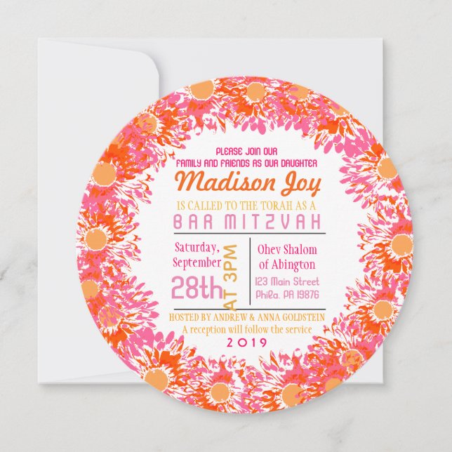 TARJETA DE INVITACIÓN Bat Mitzvah SO PRETTY DAISY (Anverso)