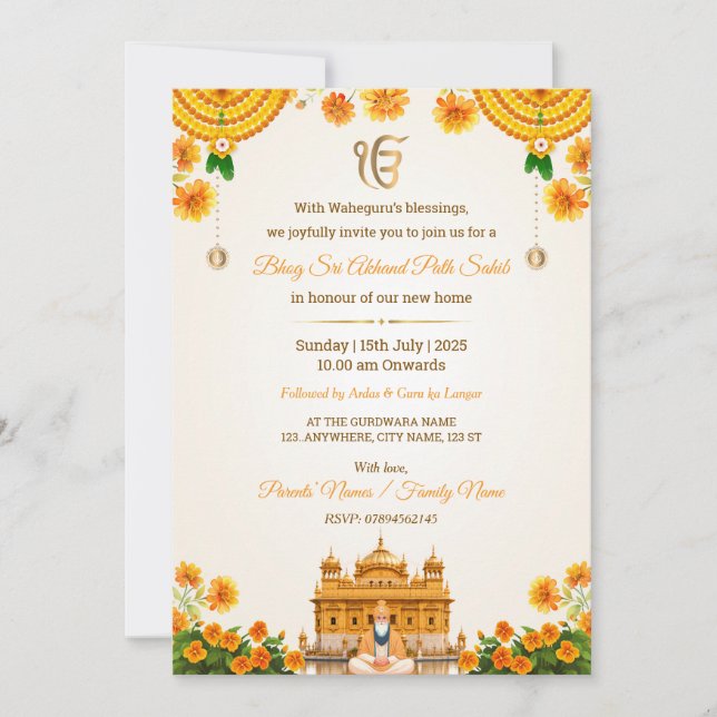 Tarjeta de invitación Bhog Sri Akhand Path Sahib (Anverso)
