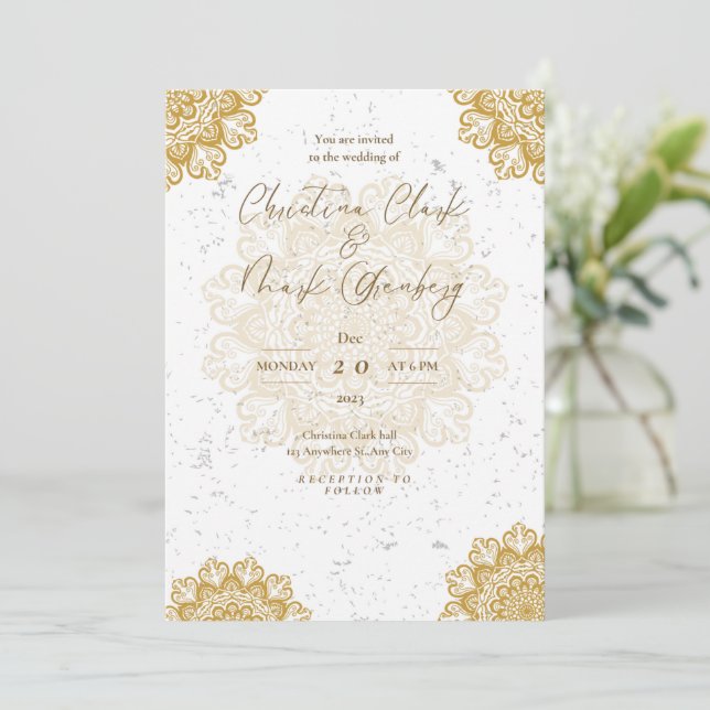 Tarjeta de invitación blanca dorada moderna (Anverso de pie)