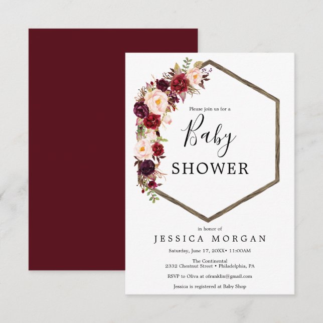 Tarjeta de invitación Boho Burgundy Baby Shower (Anverso / Reverso)