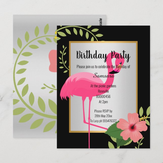 TARJETA DE INVITACIÓN BRILLANTE FLAMINGO HIBISCUS  (Anverso / Reverso)