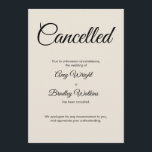Tarjeta de Invitación cancelada de Boda de crema<br><div class="desc">Aquí hay una tarjeta simple para notificar a sus invitados si se ha hecho necesario anunciar que su boda ha sido cancelado. Utilice los campos de plantilla para añadir sus datos personales y hacer de este diseño elegante y minimalista su propio diseño. El fondo crema puede cambiarse a cualquier color...</div>