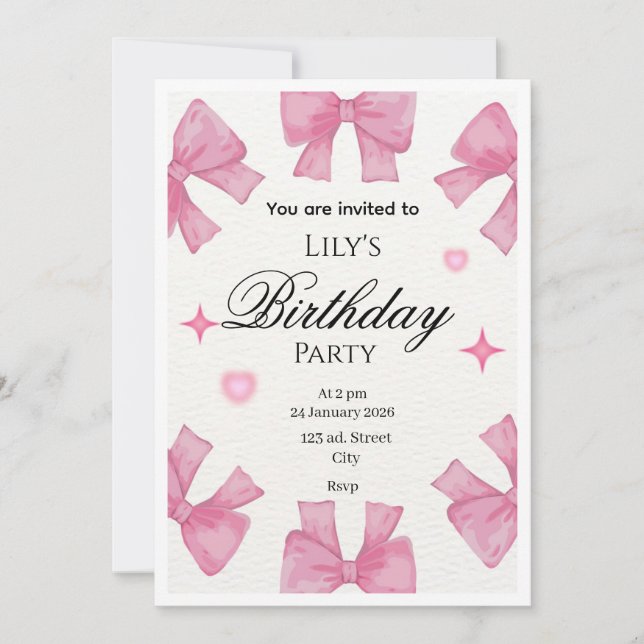 Tarjeta de invitación con borde de lazo rosa lindo (Anverso)