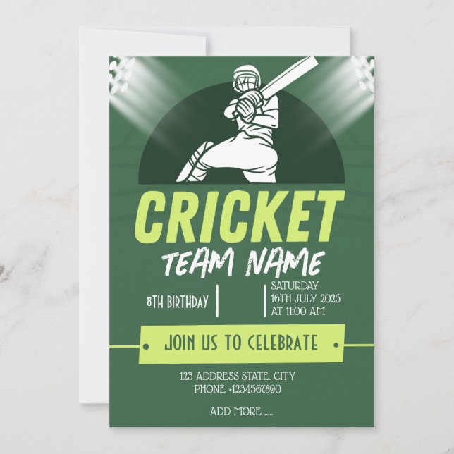 Tarjeta de invitación con tema de fiesta de cricke (Anverso)
