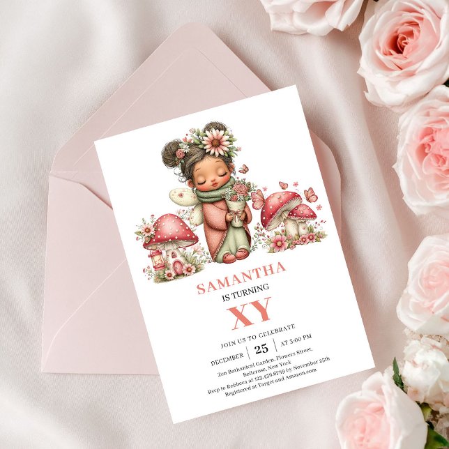 Tarjeta de Invitación Cumpleaños 3 Hada Linda Flor (Floral Cute Fairy 3rd Birthday Pink Invite Card)