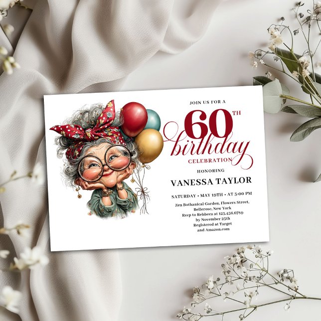 Tarjeta de Invitación Cumpleaños 60 Diseño Diverti (60th Birthday Invitation Card Funny Lady Design)