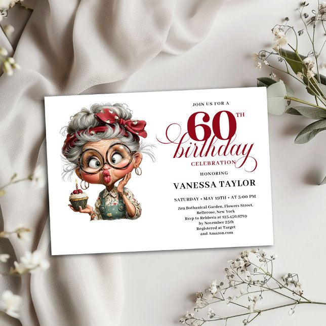 Tarjeta de Invitación Cumpleaños 60 Divertida Humo (60th Birthday Invitation Card Funny Old Lady Humor)