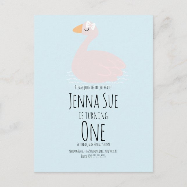 Tarjeta de Invitación Cumpleaños Niñas Cisne Rosad (Anverso)