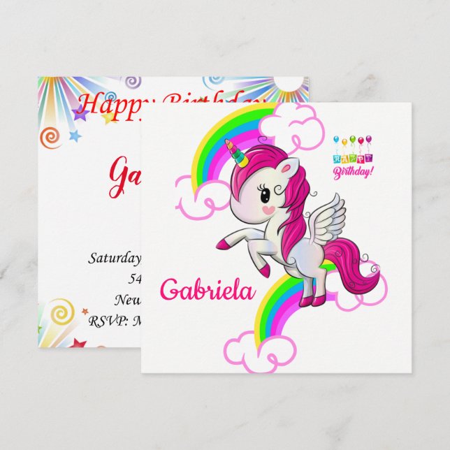Tarjeta de Invitación Cumpleaños Unicornio (Anverso / Reverso)