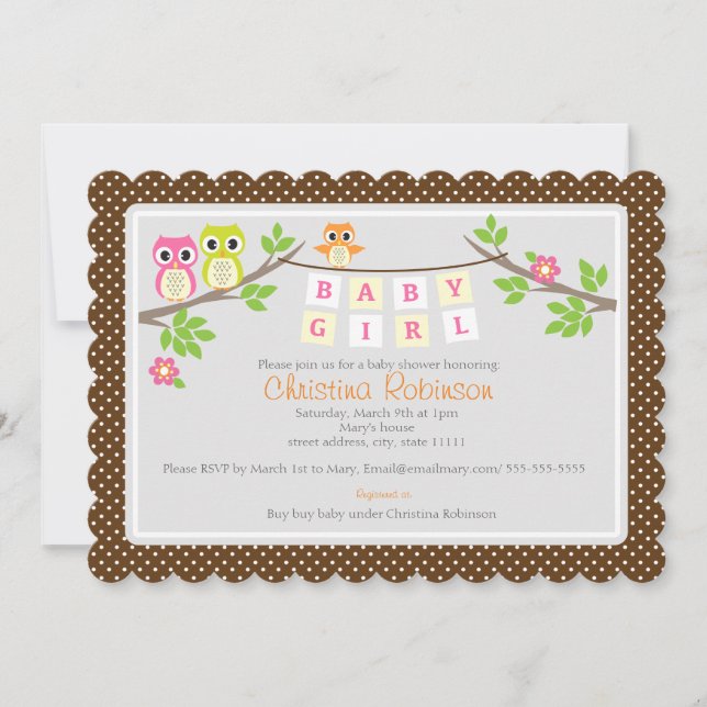 tarjeta de invitación de 5" X 7" lindo owls chica  (Anverso)