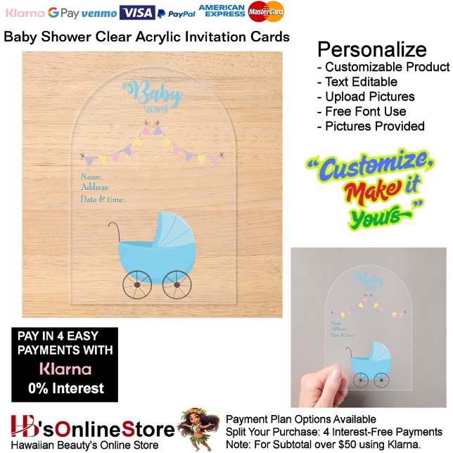 Tarjeta de invitación de acrílico transparente Bab (Baby Shower Birth Party Supplies Celebrate Clear Acrylic Invitations 20.)