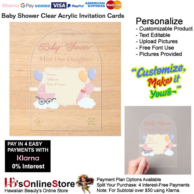 Tarjeta de Invitación de Acrílico Transparente par (Girl's Baby Shower Birth Party Supplies Celebrate Clear Acrylic Invitations 24.)