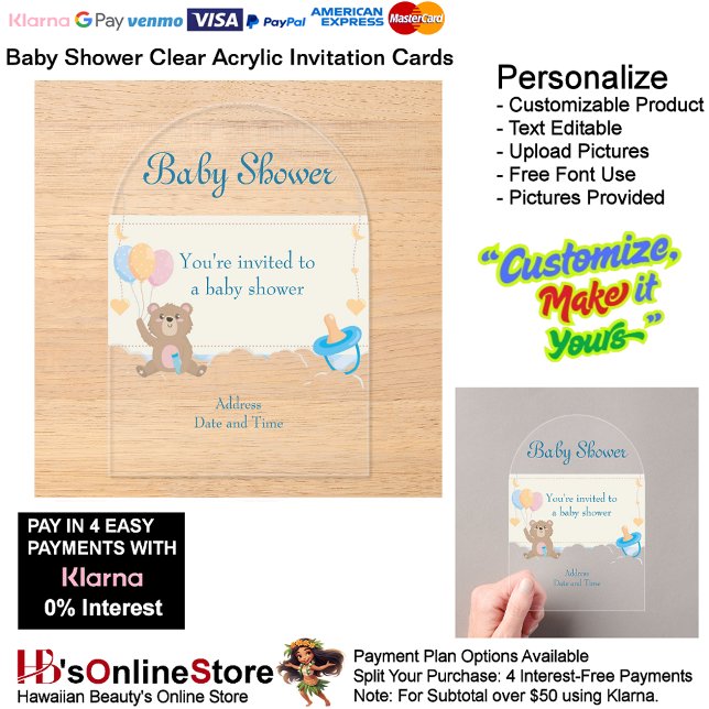 Tarjeta de invitación de acrílico transparente par (Baby Shower Birth Party Supplies Celebrate Clear Acrylic Invitations 4.)
